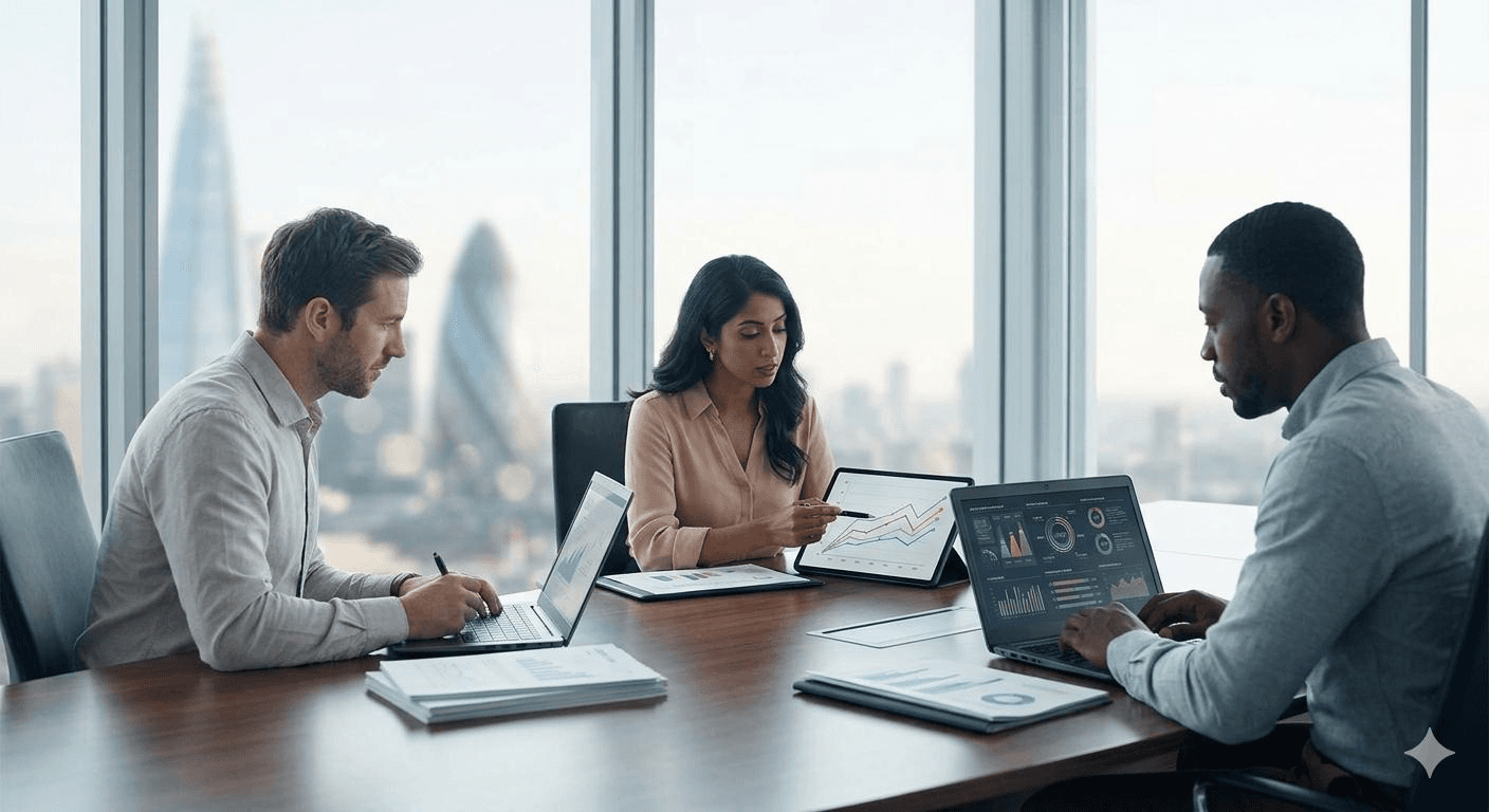 Consultants reviewing performance charts on laptops and a tablet around a meeting table.